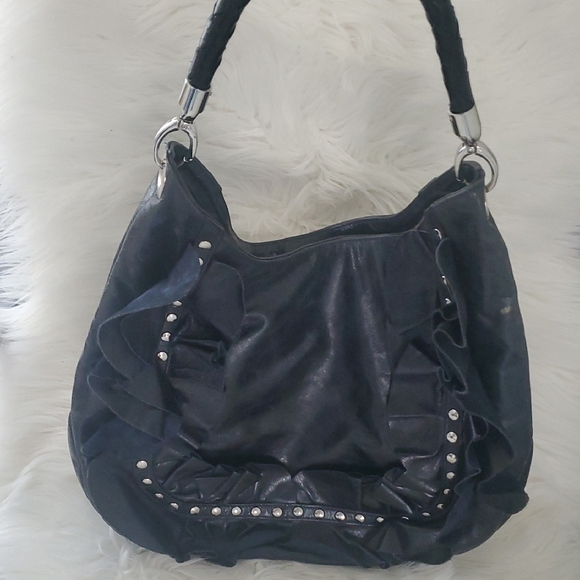 susan farber Handbags - Vintage Susan Farber Black Real Leather Studded Ruffle Hobo Shoulder Bag